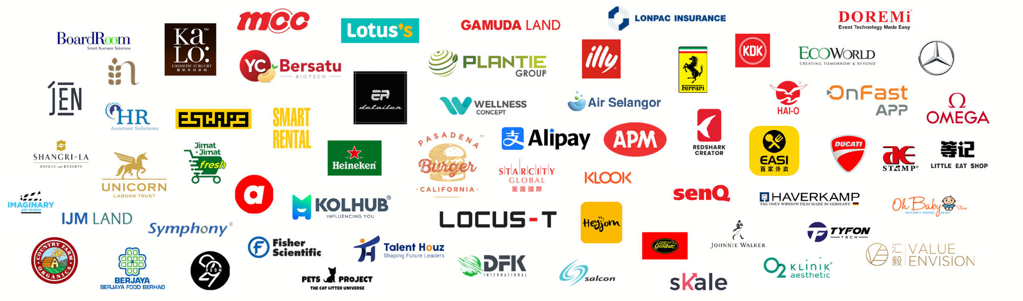 服务过的品牌，包括 Lotus's、Heineken、Alipay、Klook、Shangri-La、Gamuda Land、EcoWorld 等